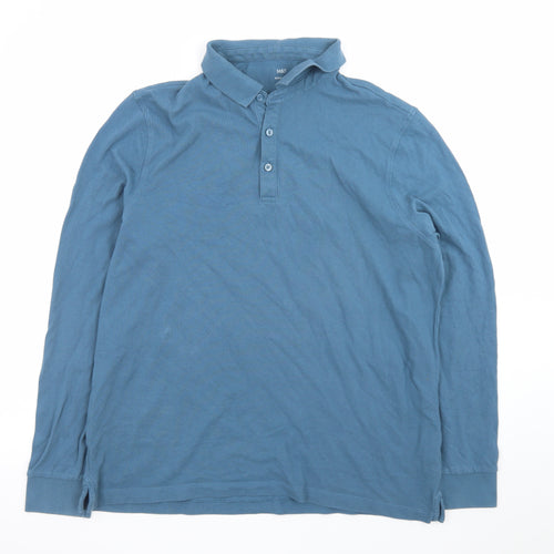 Marks and Spencer Men's Blue Long Sleeve Cotton Polo Shirt XL