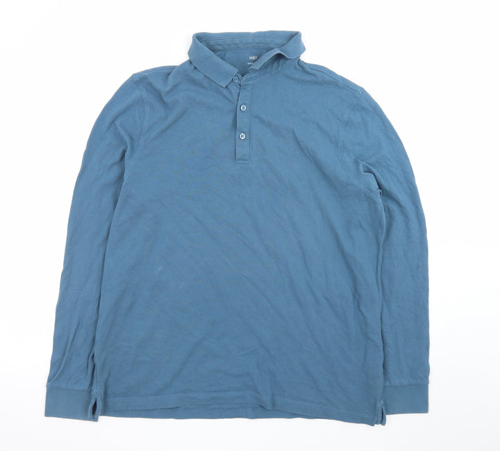 Marks and Spencer Men's Blue Long Sleeve Cotton Polo Shirt XL