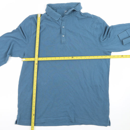 Marks and Spencer Men's Blue Long Sleeve Cotton Polo Shirt XL