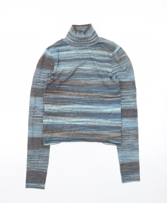 MNG Women's Blue Striped Roll Neck Long Sleeve Jersey Top Size S