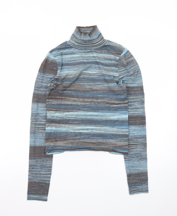 MNG Women's Blue Striped Roll Neck Long Sleeve Jersey Top Size S