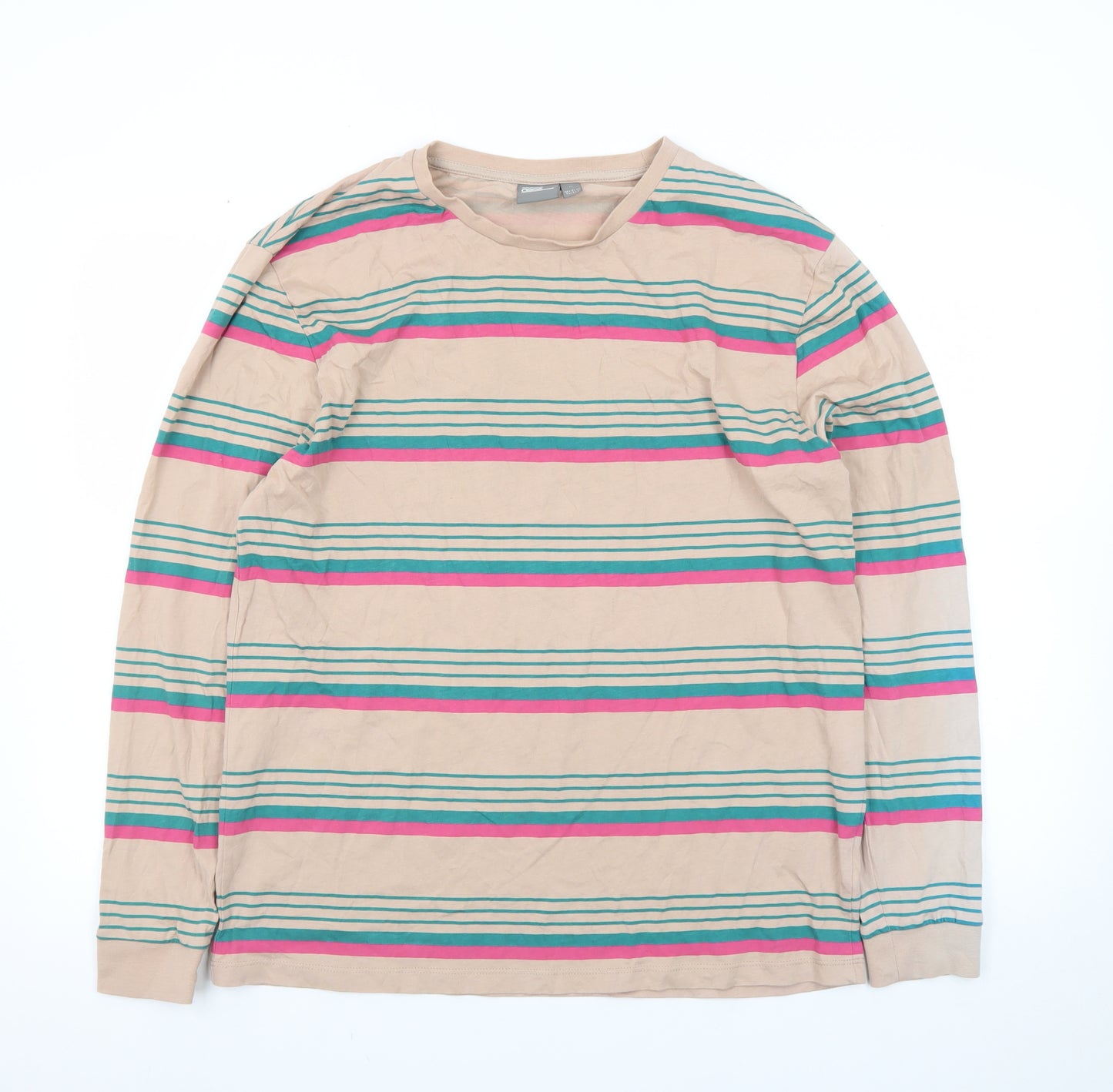 ASOS Men's Beige Striped Long Sleeve Crew Neck T-Shirt Size M