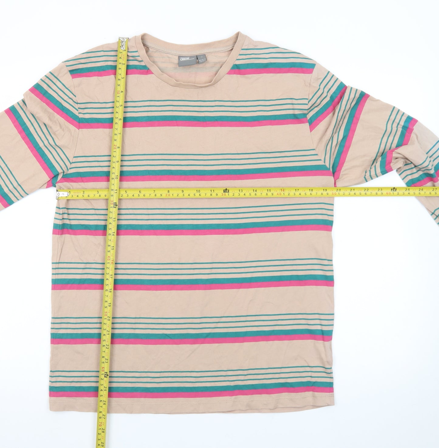 ASOS Men's Beige Striped Long Sleeve Crew Neck T-Shirt Size M