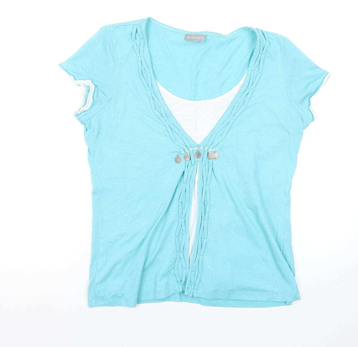 Marks and Spencer Per Una Blue Beaded V-Neck Women's T-Shirt Size 14