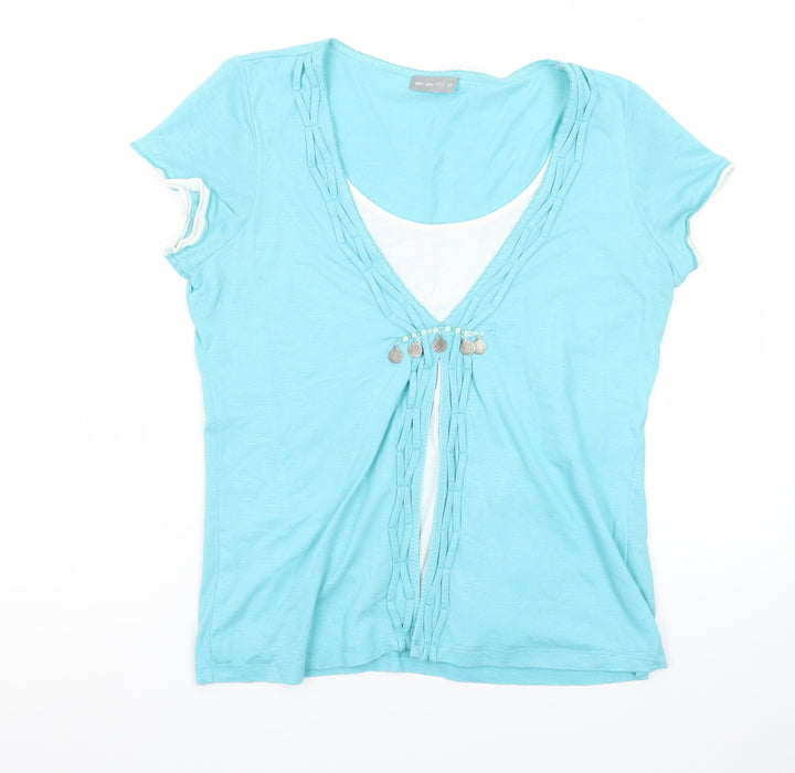 Marks and Spencer Per Una Blue Beaded V-Neck Women's T-Shirt Size 14
