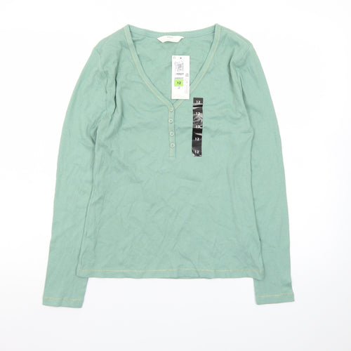 Marks and Spencer Womens Green Cotton Long Sleeve Henley T-Shirt Size 12