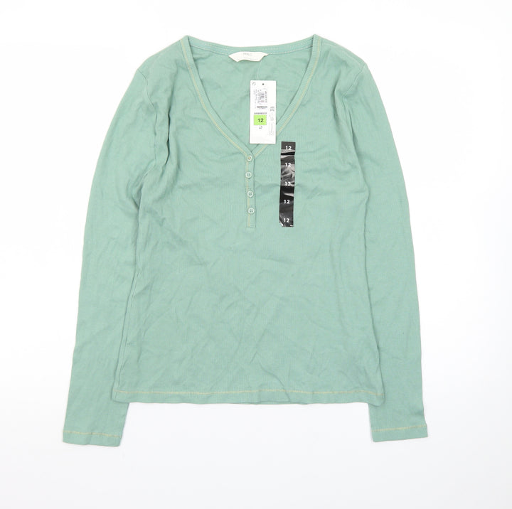 Marks and Spencer Womens Green Cotton Long Sleeve Henley T-Shirt Size 12