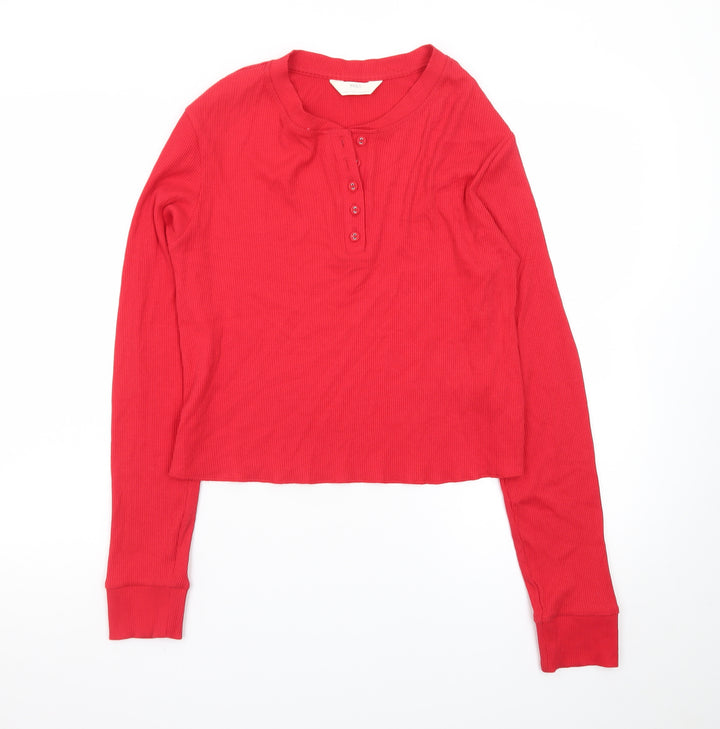 Marks and Spencer Women Red Henley Jumper Size 18 Regular Long Sleeve Cotton Blend