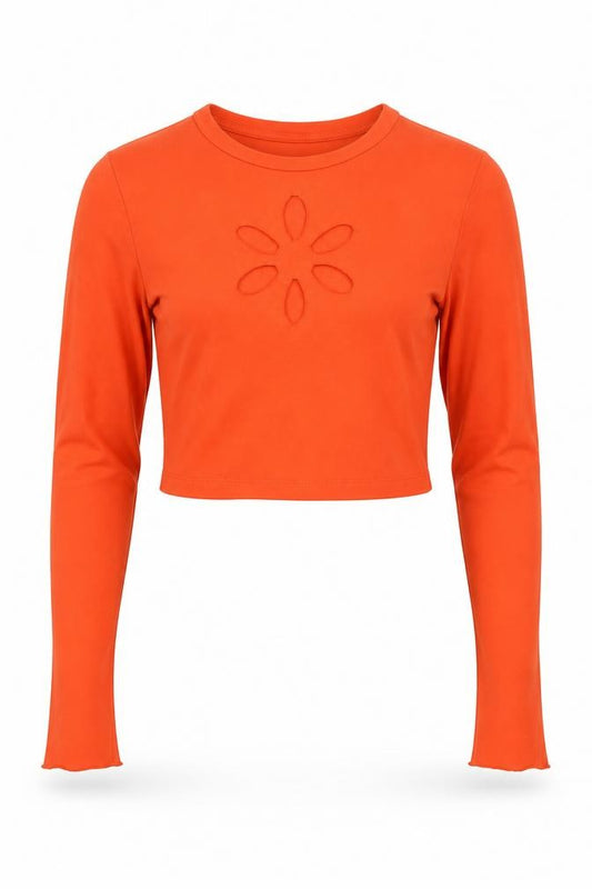 Front view of Milk It women’s orange cropped long sleeve cut out t-shirt, size UK 8