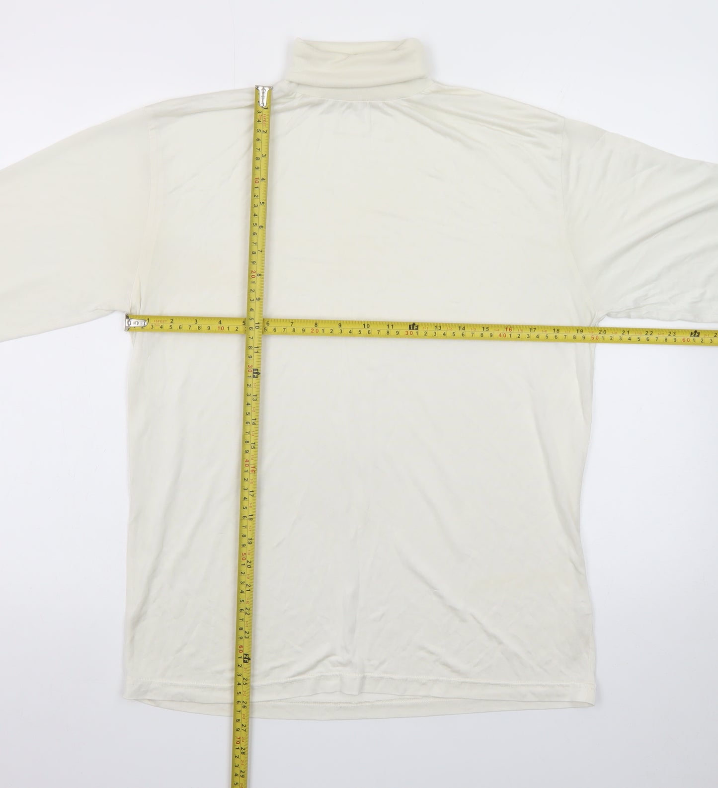 Patra Men's Ivory Silk Long Sleeve Roll Neck T-Shirt Size L