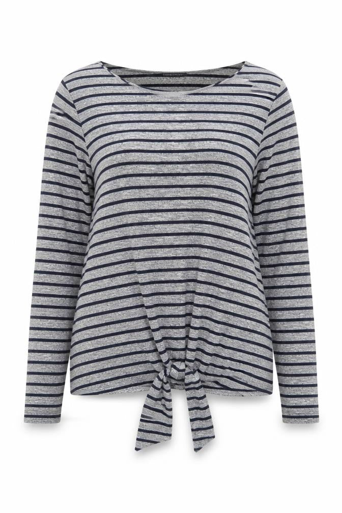 Front view of Marks & Spencer Women’s Grey Striped Tie Front Jumper, size UK 14
