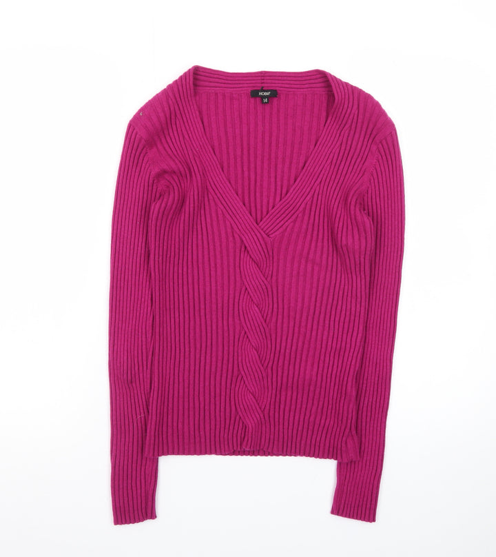 Hobbs Women’s Pink V-Neck Cable-Knit Long Sleeve Jumper Size 14