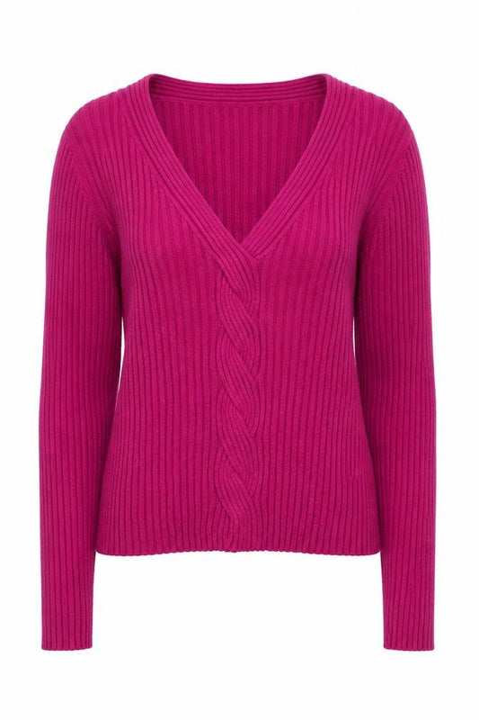 Front view of Hobbs Women’s Pink V-Neck Cable-Knit Long Sleeve Jumper, size UK 14
