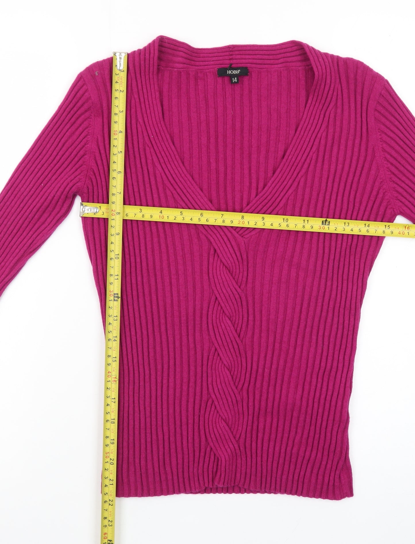Hobbs Women’s Pink V-Neck Cable-Knit Long Sleeve Jumper Size 14