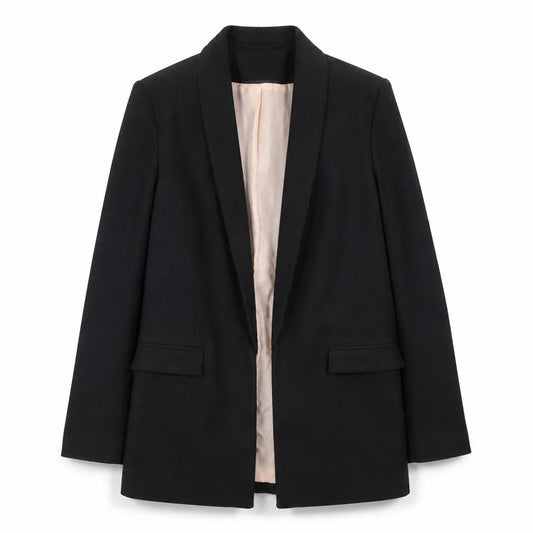 Front view of Oasis Women's Black Shawl Collar Long Blazer, size 8