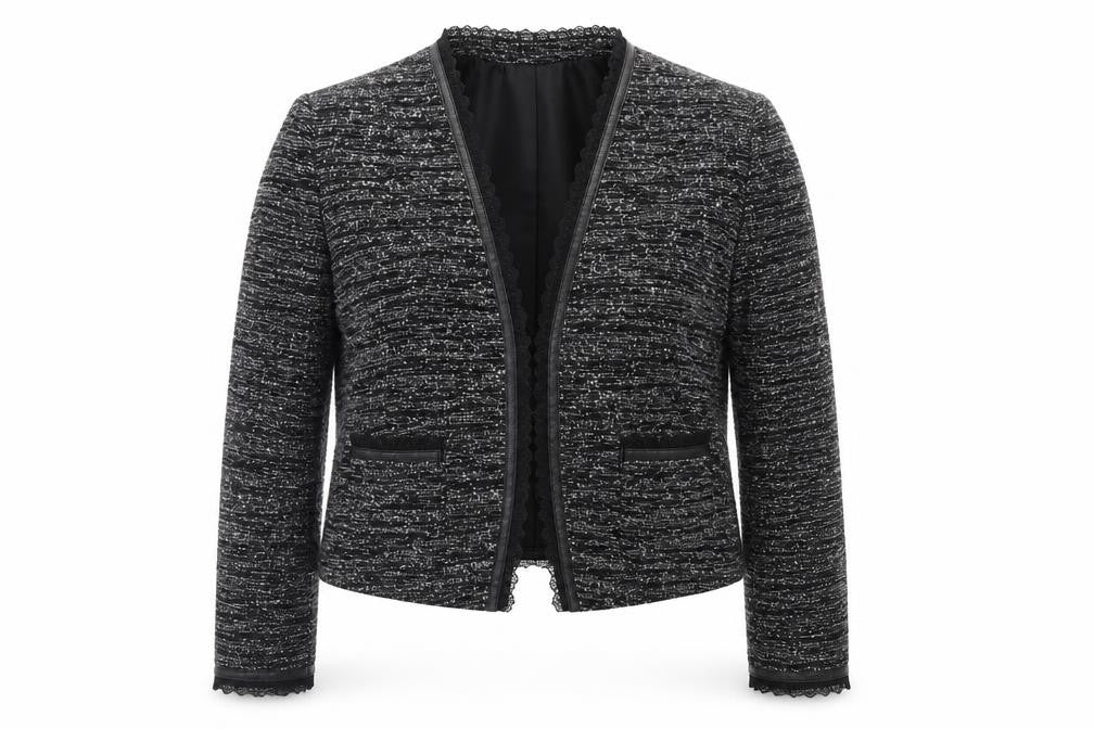 Front view of Aria Women's Black Bouclé Tailored Blazer Jacket, size 14