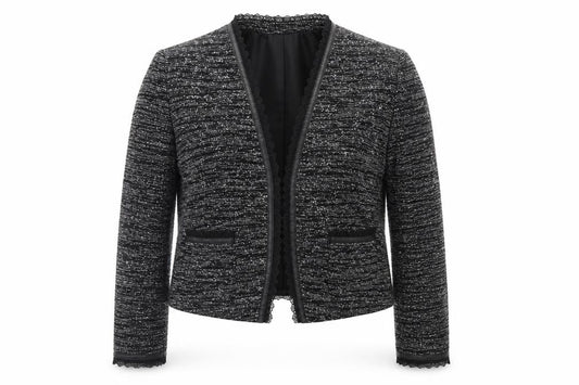 Front view of Aria Women's Black Bouclé Tailored Blazer Jacket, size 14