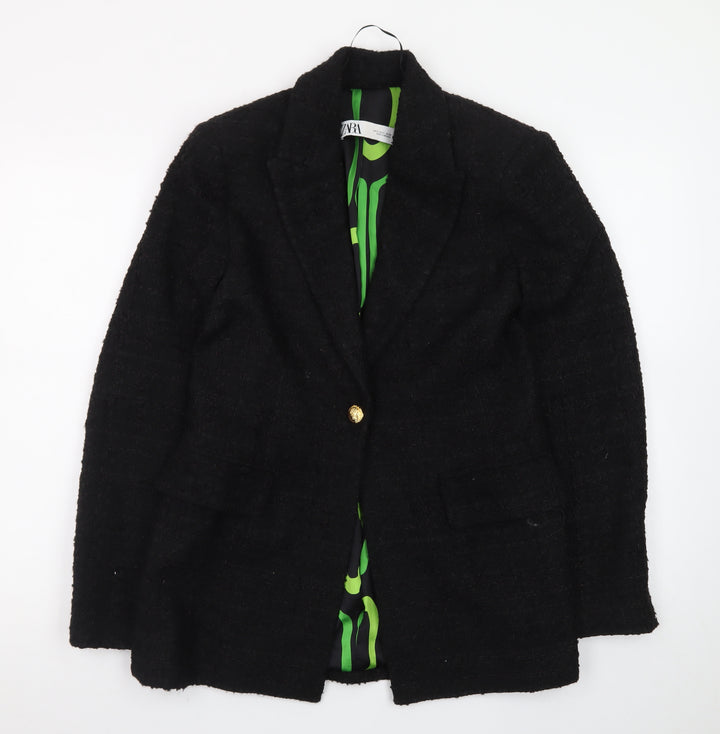Zara Women's Black Wool Blend Tweed Blazer Jacket Size S