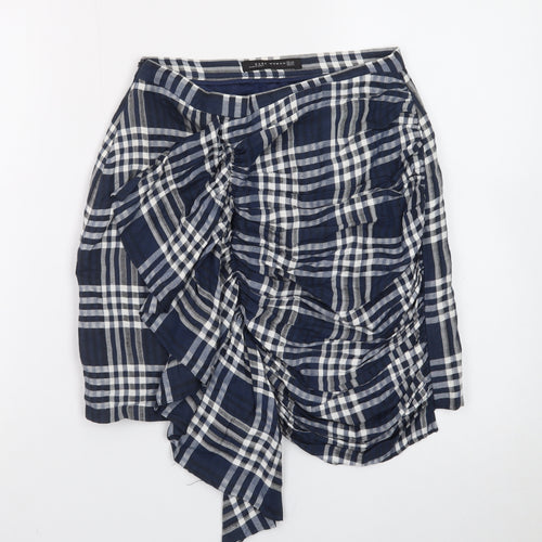 Zara Women Blue Check Wrap Short Skirt XS Cotton Preppy Style