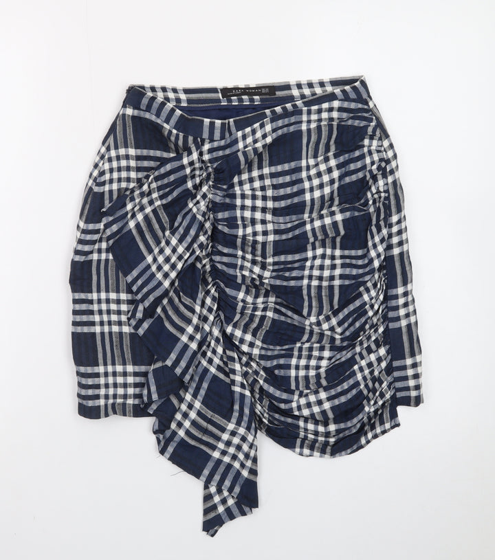 Zara Women Blue Check Wrap Short Skirt XS Cotton Preppy Style