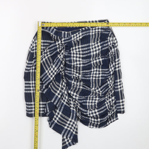 Zara Women Blue Check Wrap Short Skirt XS Cotton Preppy Style