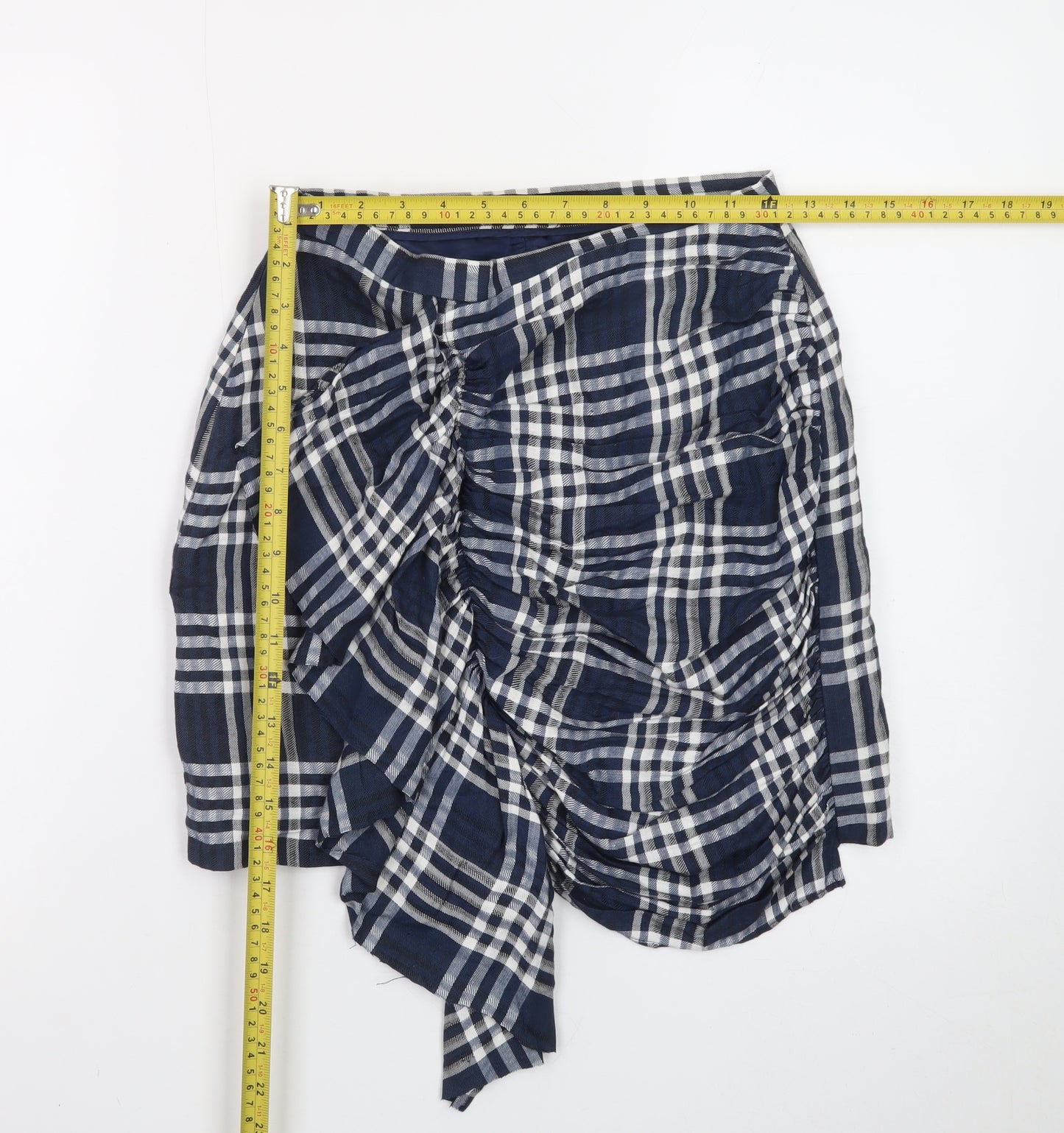 Zara Women Blue Check Wrap Short Skirt XS Cotton Preppy Style