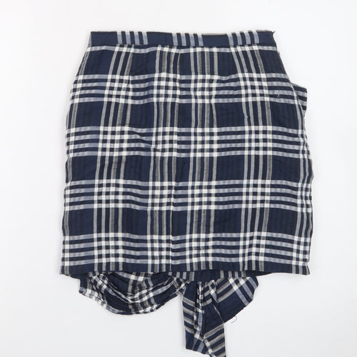 Zara Women Blue Check Wrap Short Skirt XS Cotton Preppy Style
