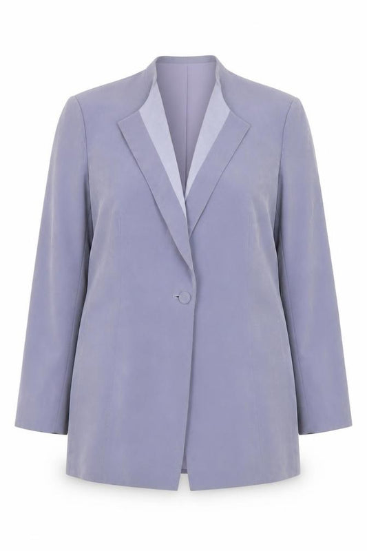 Front view of Jacques Vert Women's Lilac Single-Breasted Long Blazer, size 16