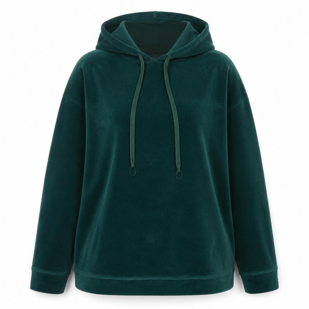 Front view of Deane & White Women Green Velour Pullover Hoodie, size M