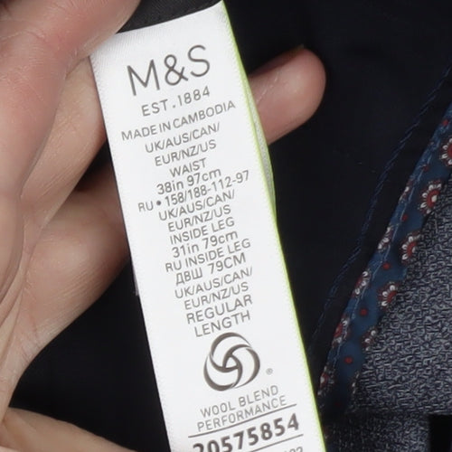 Marks and Spencer Men's Grey Regular Fit Wool Blend Dress Trousers 38W 31L