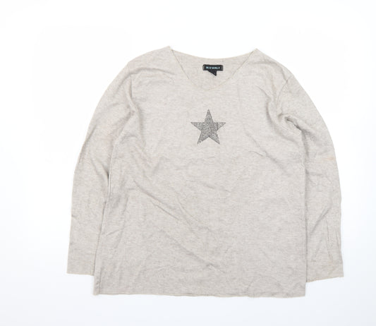 Blue Vanilla Women Beige Star Pullover Jumper One Size V-Neck Knit