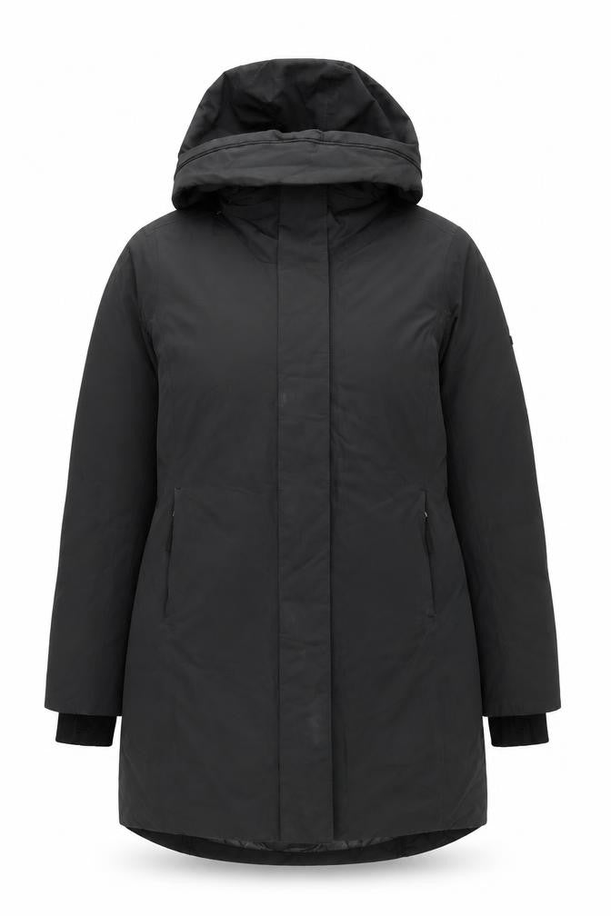 Front view of TOG24 women’s black long puffer coat, size UK 10, hooded winter jacket