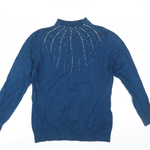 Monsoon Women's Blue Beaded Mock Neck Knit Jumper M