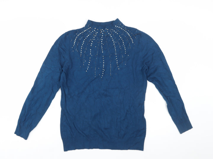 Monsoon Women's Blue Beaded Mock Neck Knit Jumper M