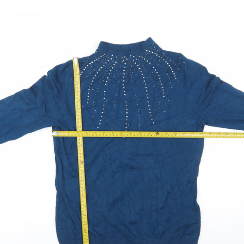 Monsoon Women's Blue Beaded Mock Neck Knit Jumper M