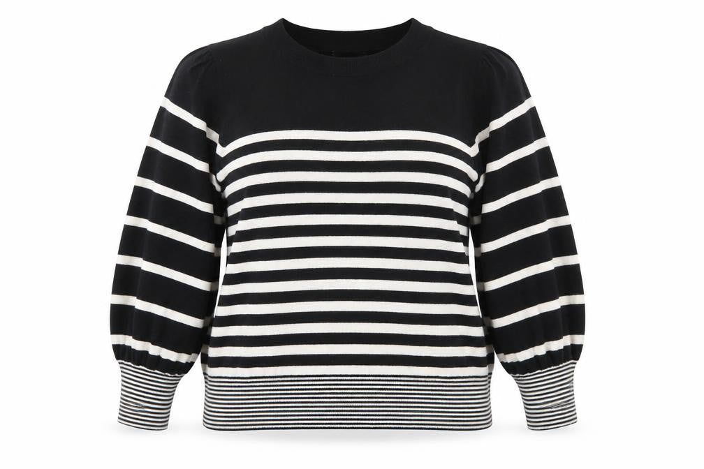 Front view of Oliver Bonas Women Black White Striped Crew Neck jumper, size 18