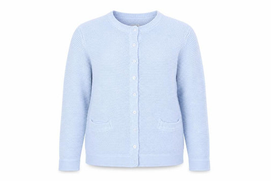 Front view of Poppy women’s blue, size UK 16, cotton knit cardigan jumper