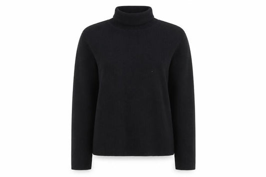Front view of YAK women’s black roll neck long sleeve slim fit cotton jumper, size L