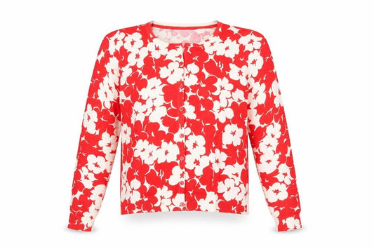 Front view of Amphora Women's Red Floral Cotton Knit Cardigan, size S
