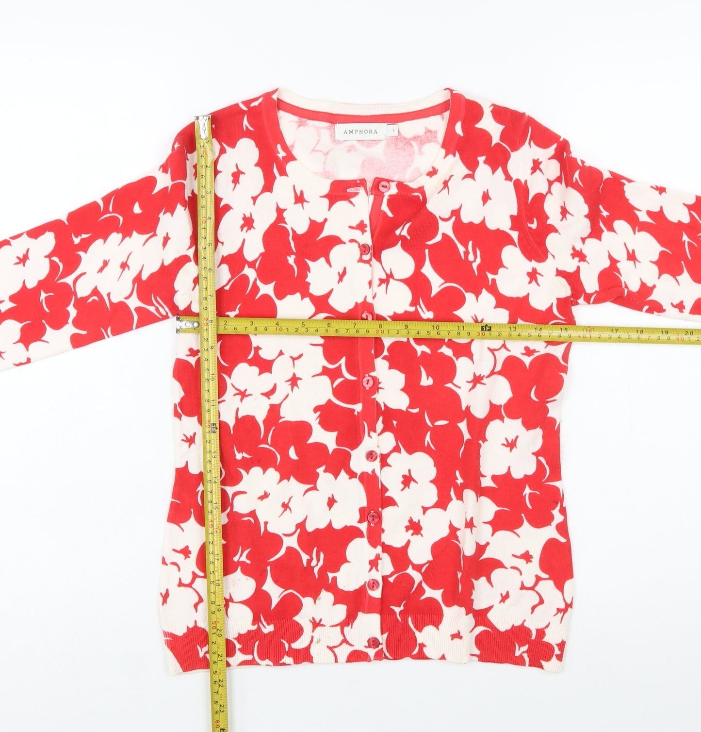 Amphora Women's Red Floral Cotton Knit Cardigan Size S