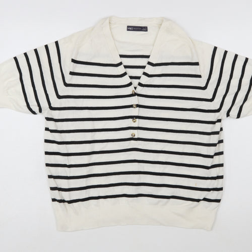Marks and Spencer Women’s White Striped Henley Knit Jumper Size L