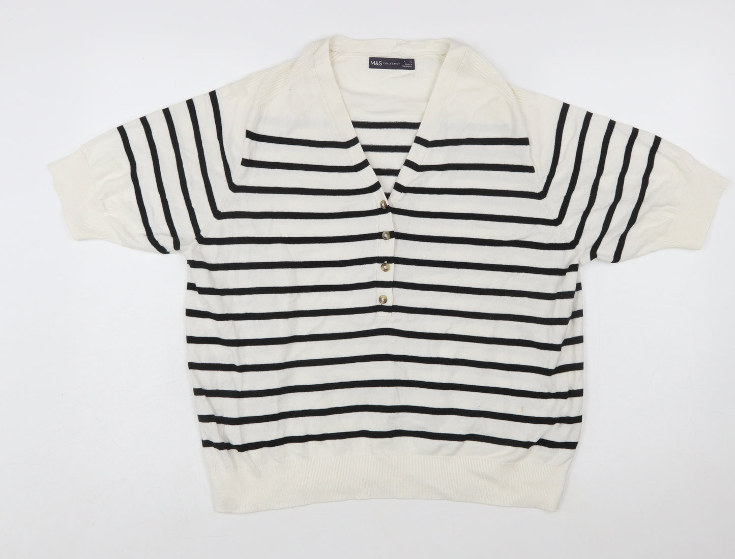 Marks and Spencer Women’s White Striped Henley Knit Jumper Size L