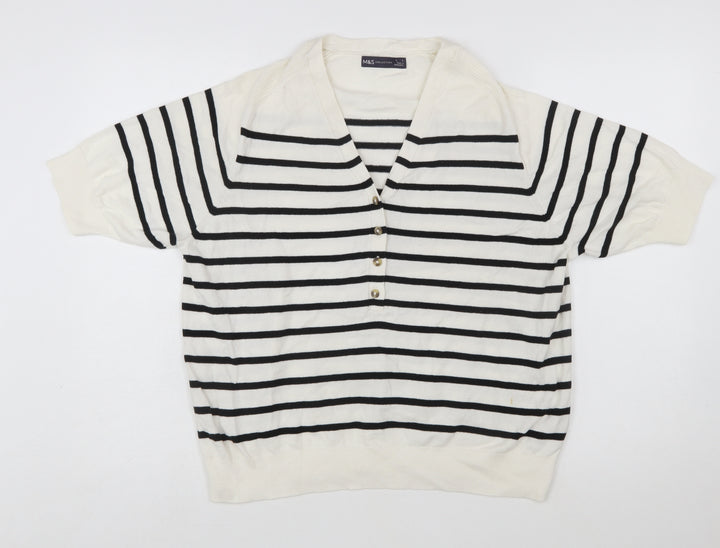 Marks and Spencer Women’s White Striped Henley Knit Jumper Size L