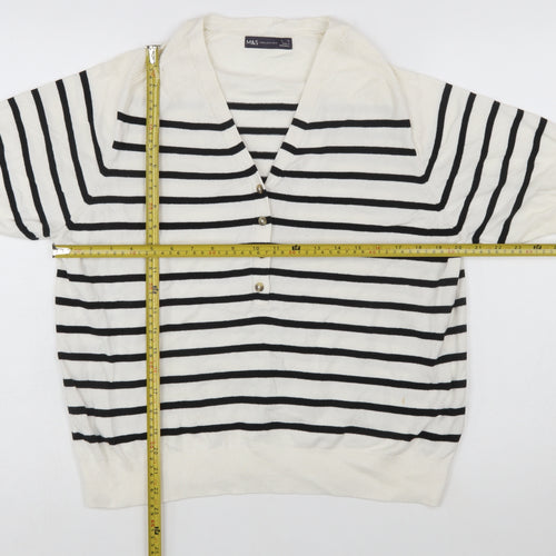 Marks and Spencer Women’s White Striped Henley Knit Jumper Size L