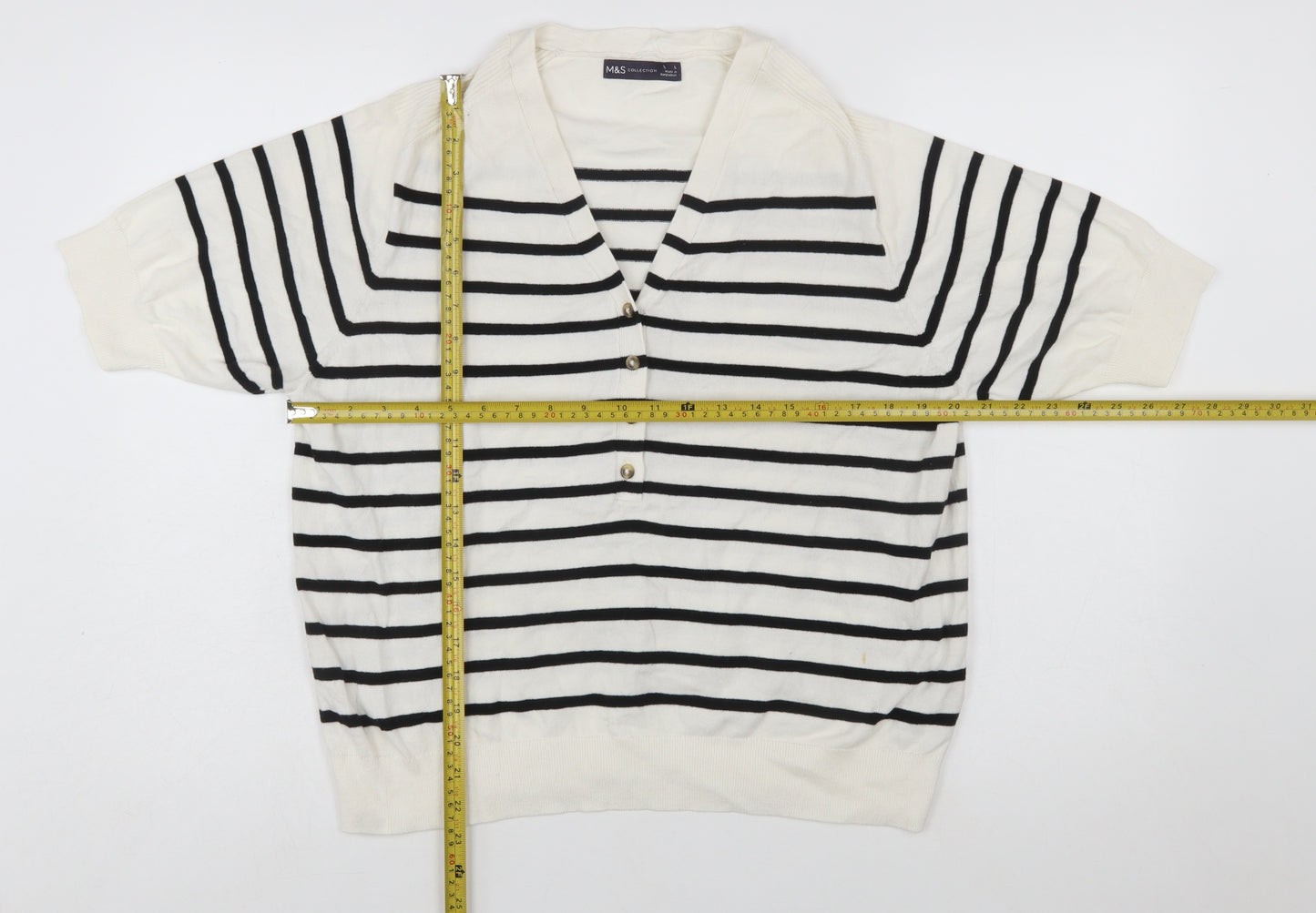 Marks and Spencer Women’s White Striped Henley Knit Jumper Size L