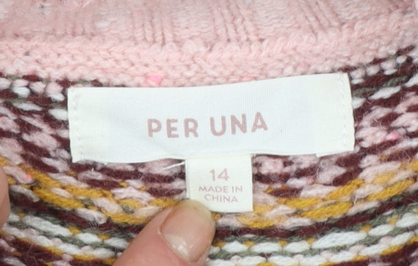 Marks and Spencer Women Pink Fair Isle High Neck Jumper Size 14
