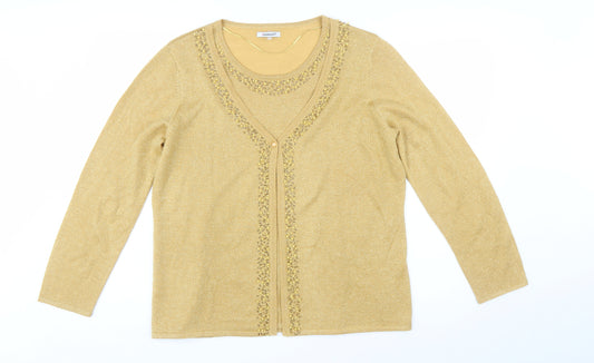 Damart Womens Gold Beaded V-Neck Cardigan Size L 18/20 Knitwear