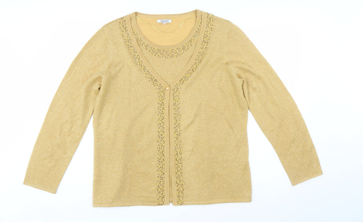 Damart Womens Gold Beaded V-Neck Cardigan Size L 18/20 Knitwear
