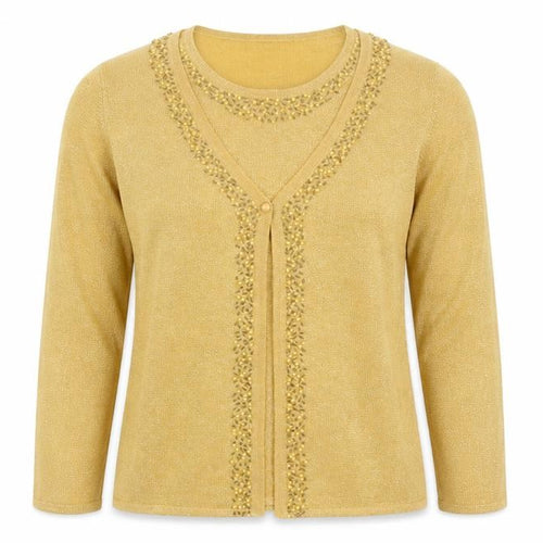 Damart Womens Gold Beaded V-Neck Cardigan Size L 18/20 Knitwear