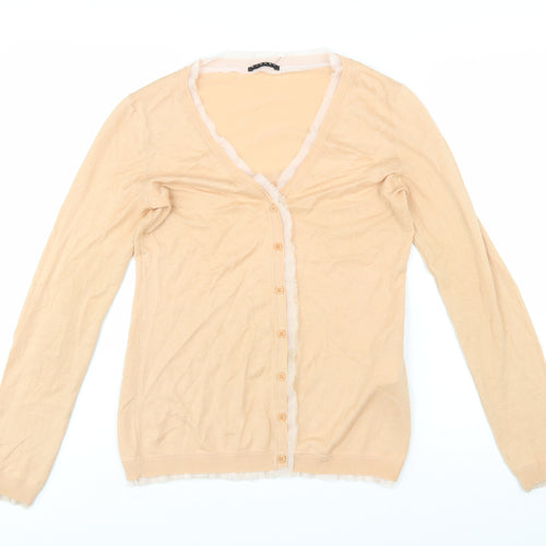Sisley Women Beige Cotton V-Neck Button Cardigan Size S